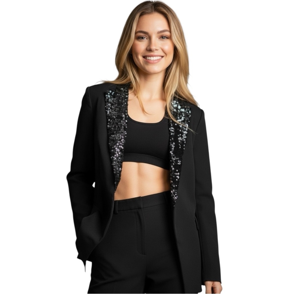 NWT Adrianna Papell Women’s M Sequin Lapel Party Ponte Cocktail Black Blazer